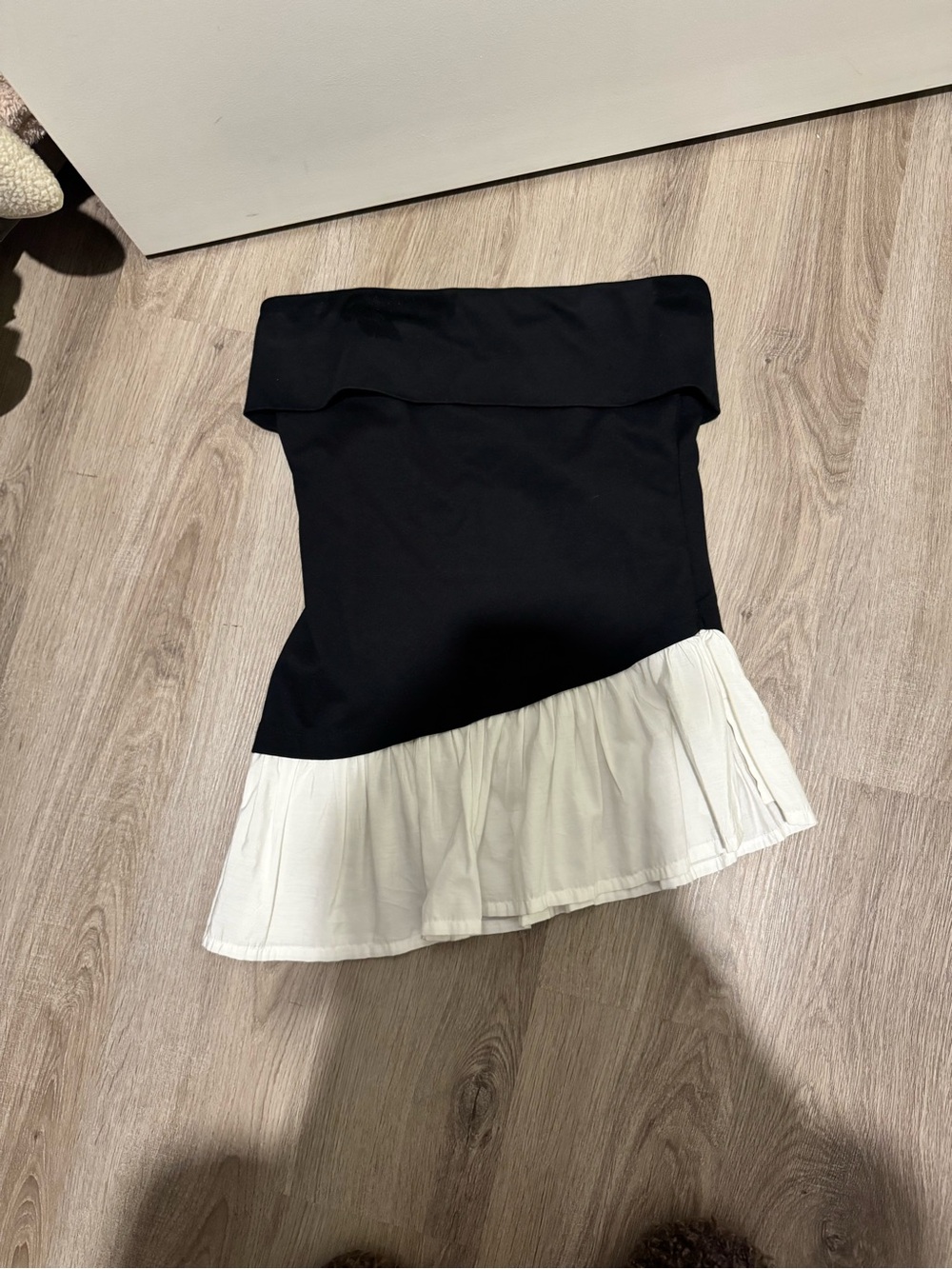 Black and White Ruffle Hem Strapless Top